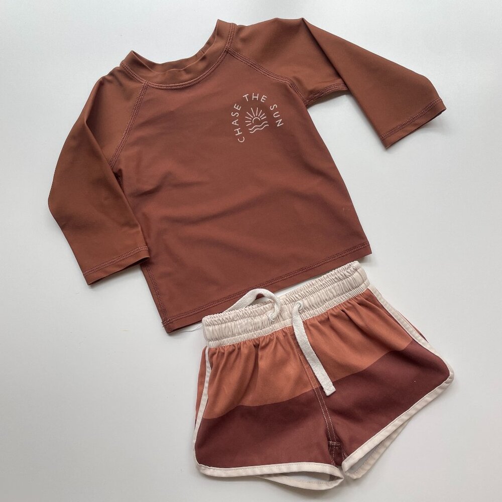 Rylee + Cru Boys Retro Swim Trunk and Rashguard Set